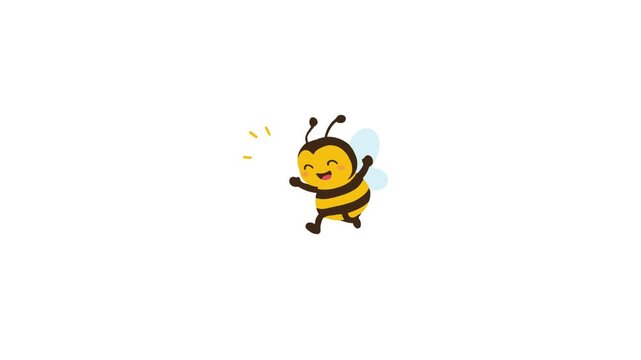 Happy cartoon bee jumping on white background. 4K Video