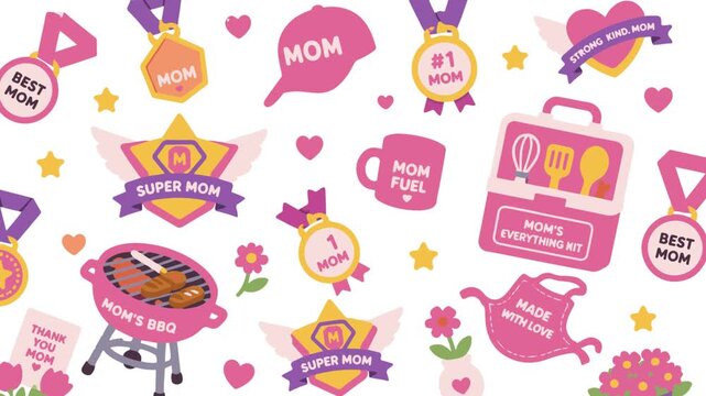 Colorful Mother's Day badges and medals collection. 4K Video