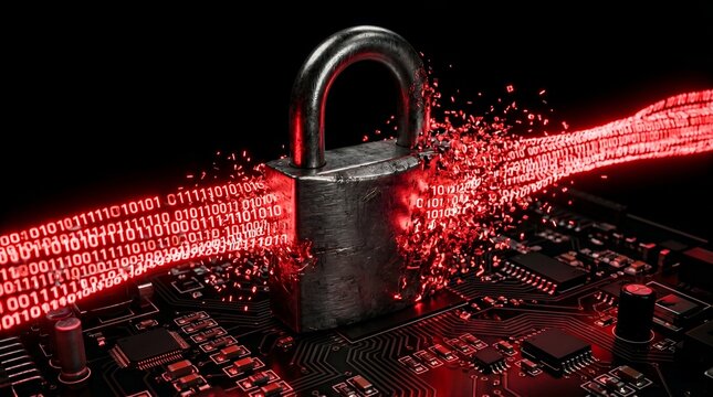 A padlock on a circuit board shatters as red binary code flows around it.