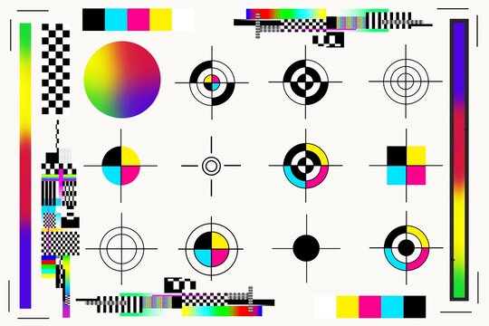 Colorful geometric test pattern with circles, squares, and gradients.