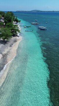 Aerial 4K Drone Footage Gili Air Island Lombok Indonesia Turquoise Water Tropical Beach