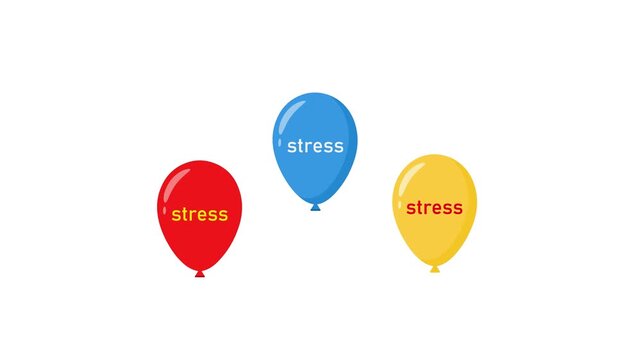 Colorful balloons with stress text floating on white back. 4K Video