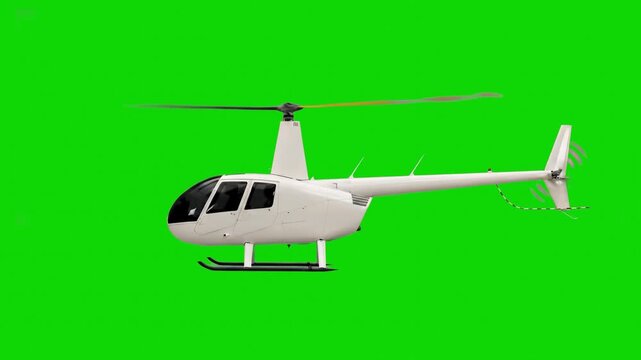 A 3D render of a white Robinson R44 light helicopter with spinning main and tail rotors, isolated on a solid green key screen. Perfect for visual effects compositing, flight training material, and avi