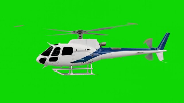 A 3D render of a white and blue Eurocopter AS350 light utility helicopter with spinning main rotors, isolated on a solid green key screen. Perfect for visual effects compositing, transitions, and avia