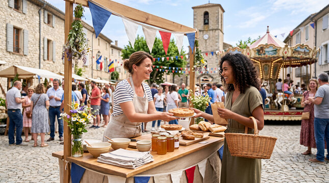 D&eacute;jeuner en terrasse lors d&rsquo;une f&ecirc;te de village