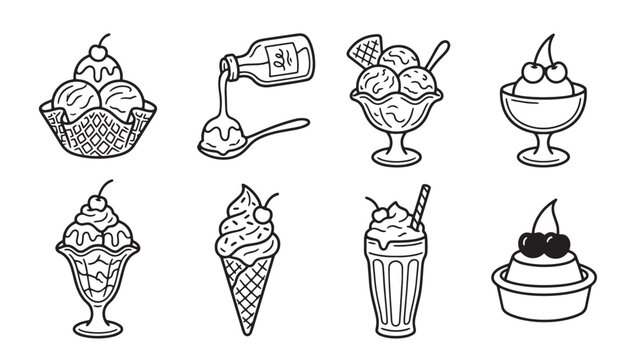 Detailed collection of various ice cream desserts and treats with milkshake toppings confectionery illustration collection chocolate strawberry delicacy delicious