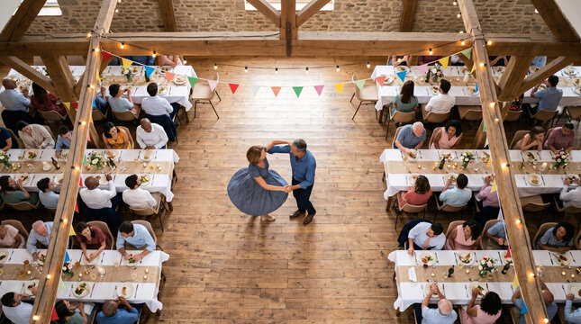 Danseurs lors d&rsquo;une f&ecirc;te communautaire dans une salle rustique