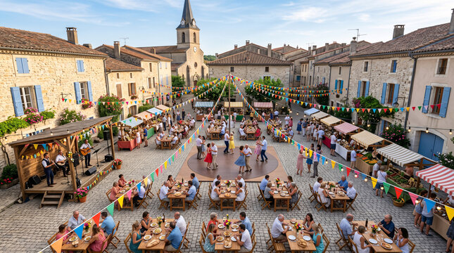 March&eacute; festif sur une place de village vue en hauteur