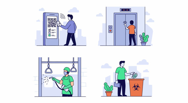 Public health safety protocols for scanning QR codes disinfecting transport and disposing of medical masks safely