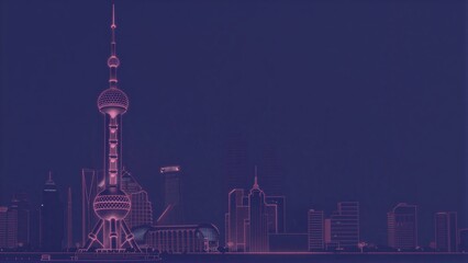 Fototapeta premium Nighttime cityscape with glowing pink outlines of iconic skyscrapers against a deep purple sky.