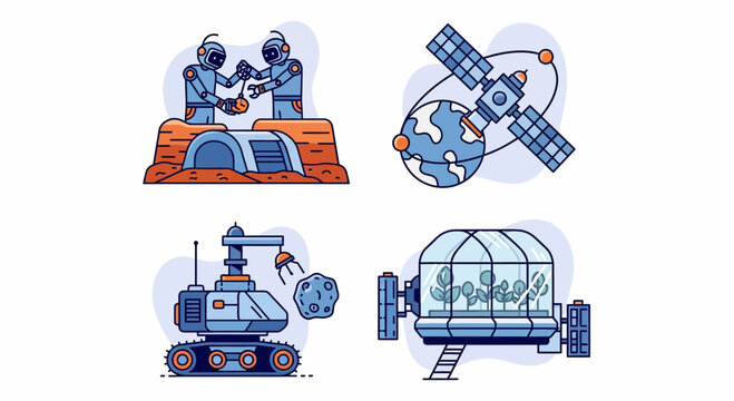 Space kit for robot moon base orbit farm mine and sci lab tool icon set