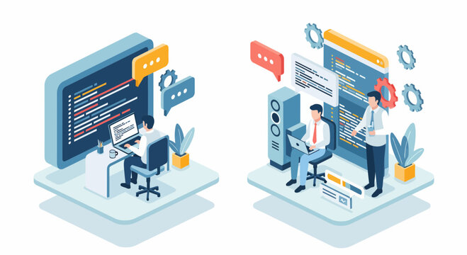 Software dev team coding web app on tech industry digital business projects for global clients