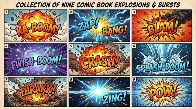 Comic‑style nine‑panel illustration bursting with explosive sound effects&mdash;BOOM, KA‑BLAM, KRA‑KOOM, THWACK, BLAM, POW, CRASH, ZAP, SPLAT&mdash;dynamic typography and vivid action visuals.