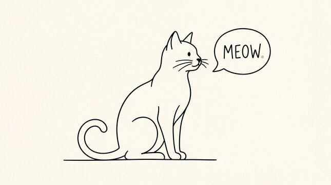 Minimalist line drawing of upright cat facing right, speech bubble with &ldquo;MEOW,&rdquo; clean black lines on light background, symbolizing charm, simplicity, and feline expression.