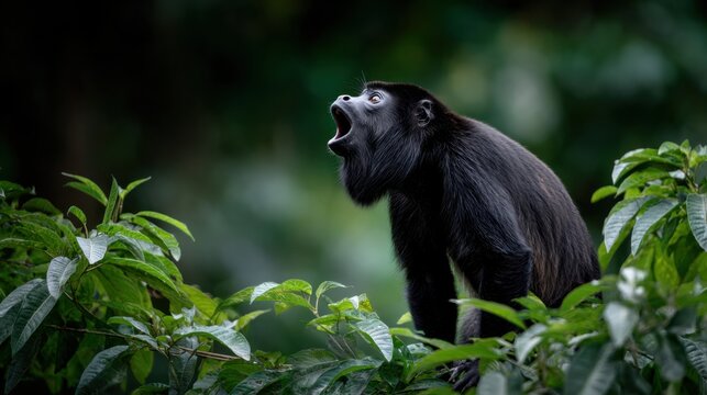 Howler monkey vocalizing in lush green jungle environment