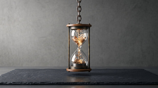 Sablier Ancien avec Ampoule Lumineuse sur Fond Sombre