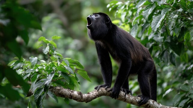 Howler Monkey in Lush Green Jungle Making Distinctive Call