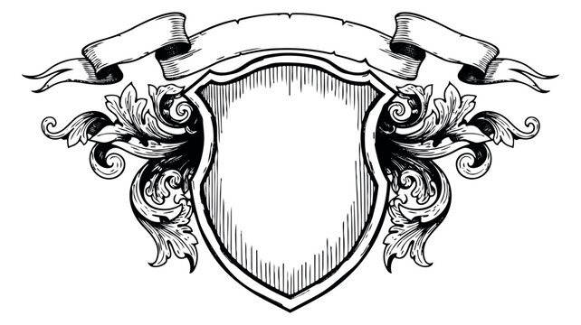 Hand drawn vintage line art illustration of a shield and banner depicting heraldic ornament for classic branding