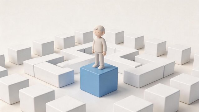 Figure on blue cube in maze