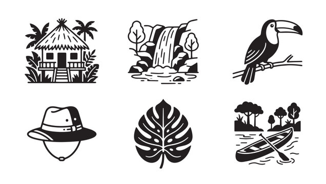 Tropical expedition and jungle adventure elements icon set featuring hut waterfall toucan hat monstera leaf and canoe adventure expedition tropical waterfall landscape vacation exploration