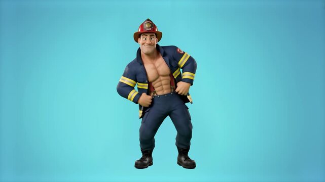 A fun 3D rendering of a muscular, open-jacket firefighter character in a helmet dancing dynamically, set against a solid light teal backdrop. Perfect for bachelor party promos, humorous fitness ads, e