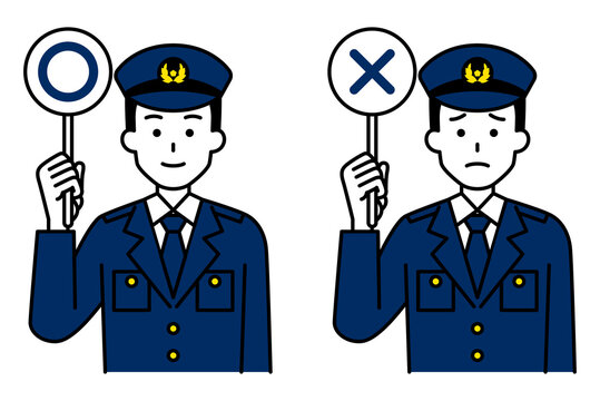 ○&times;マークのプラカードを掲げる男性警察官