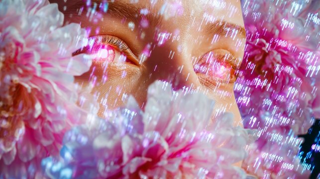 The female portrait blends seamlessly with the blooming digital flowers composed of binary codes and holographic light. Her eyes are open, and light particles are flowing out from within, transcending
