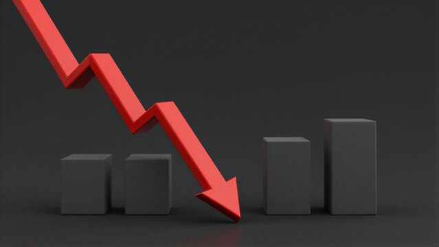 Red arrow plunges downward over gray bars, symbolizing decline or downturn.