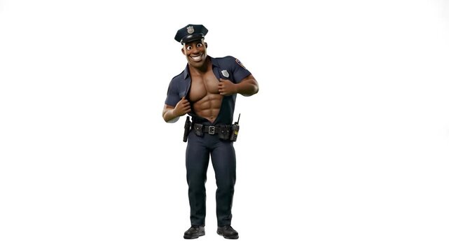 A muscular 3D cartoon male police officer dancing energetically while pulling open his uniform shirt, isolated on a clean white background. Great for bachelorette party promos, comedy skits, adult par