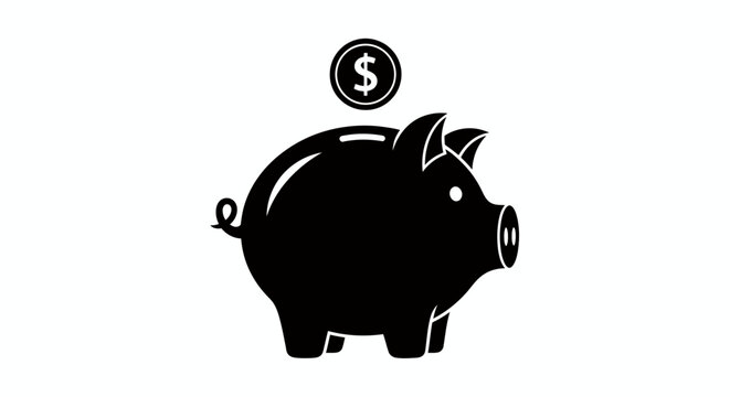 Cute black piggy bank with a coin illustrating savings and budgeting concept.