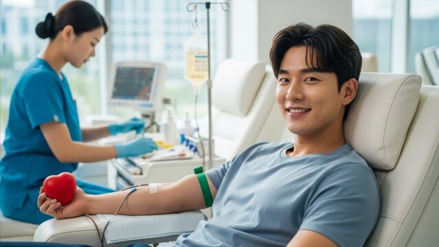 Medical - Smiling Young Asian Man Donating Blood in Modern Hospital Clinic While Nurse Prepares Equipment in Background