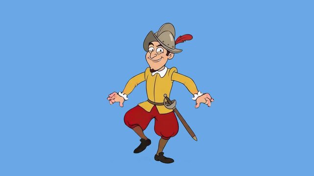 A cheerful 2D animated Spanish conquistador or musketeer character wearing a plumed morion helmet and historical doublet dances joyfully against a solid blue backdrop. Ideal for educational history co