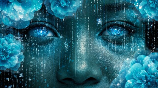 The female portrait blends seamlessly with the blooming digital flowers composed of binary codes and holographic light. Her eyes are open, and light particles are flowing out from within, transcending