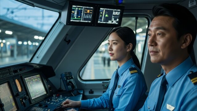 Transportation - Asian Male and Female Train Operators in Blue Uniforms Inside Modern High Speed Rail Cockpit