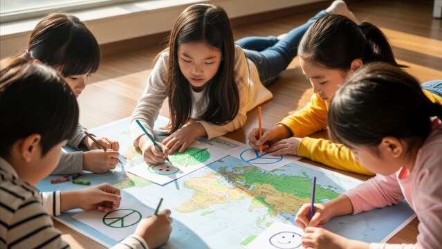 Education - Asian Children Drawing Peace Symbols and Smiling Faces on Large World Map Together on Floor