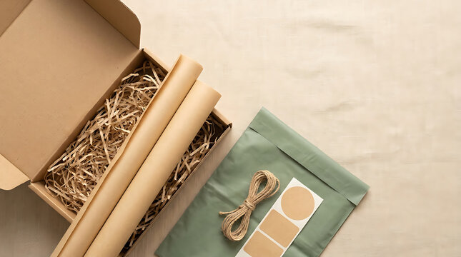 Sustainable eco-friendly packaging materials for e-commerce featuring cardboard box, kraft paper rolls, green mailer, twine, and labels for shipping.