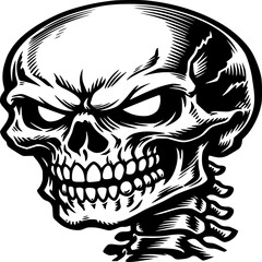 Fototapeta premium Sinister Skull: A menacing skull illustration, rendered in a stark black and white graphic style, conveys a sense of dread and gothic horror.