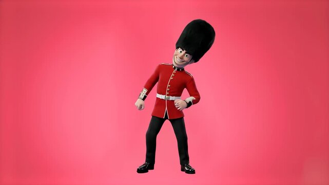 A 3D animated caricature of a British Royal Guard wearing a red tunic and bearskin hat dancing dynamically against a red studio backdrop. Perfect for UK travel promos, British culture content, and hum