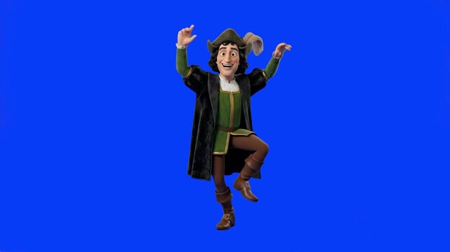 A 3D animated caricature of Christopher Columbus in Renaissance attire dancing joyfully against a blue screen background. Perfect for educational videos, historical storytelling, and children's entert