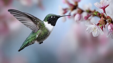 Obraz premium Hummingbird Hovering Near Cherry Blossom Flowers in Springtime