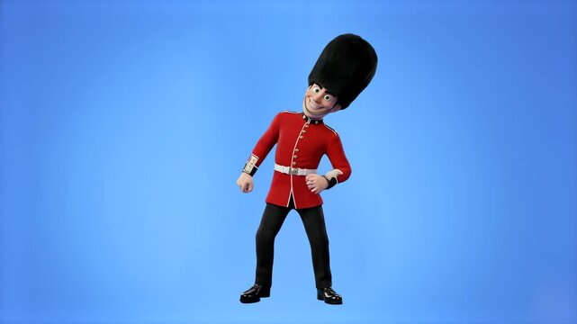A comical 3D animated British Queen's Guard soldier character in a traditional red tunic and tall black bearskin hat dances joyfully against a solid blue backdrop. Perfect for UK travel promos, Britis