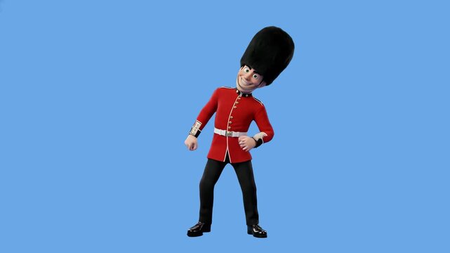A comical 3D animated British Queen's Guard soldier character in a traditional red tunic and tall black bearskin hat dances joyfully against a solid blue backdrop. Perfect for UK travel promos, Britis