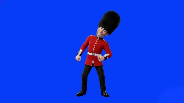 A cheerful 3D animated British royal guard in a traditional red uniform tunic and tall black bearskin hat performs a fun dance. The character is isolated on a vibrant blue chroma key backdrop.