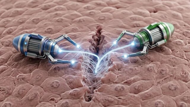 A 3D medical animation showing microscopic nanobots using laser beams to suture and repair a deep cut on human skin tissue. Ideal for advanced healthcare, biotechnology, and futuristic medicine concep