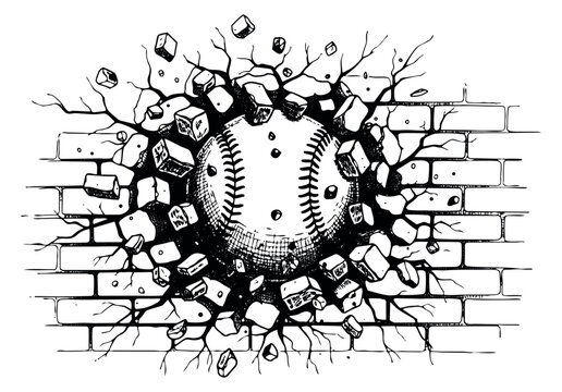 Hand drawn line art illustration of a baseball breaking through a brick wall depicting powerful impact for sports promotion