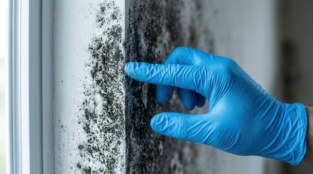 Close up of a worker wearing protective gear touching moldy wall during remediation process.