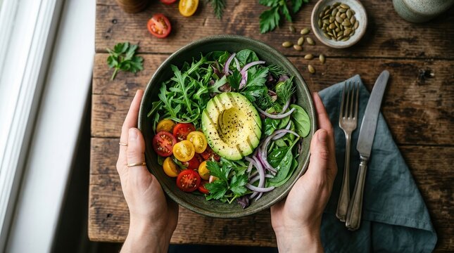 Top view of a person holding a nutritious salad bowl filled with fresh vegetables and avocado.