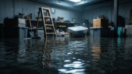 Obraz premium A flooded basement filled with dark water and various storage belongings.