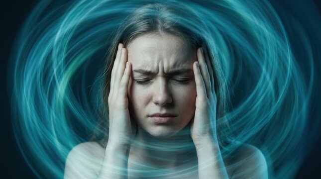 Young woman experiencing dizziness and motion sickness while holding her head.