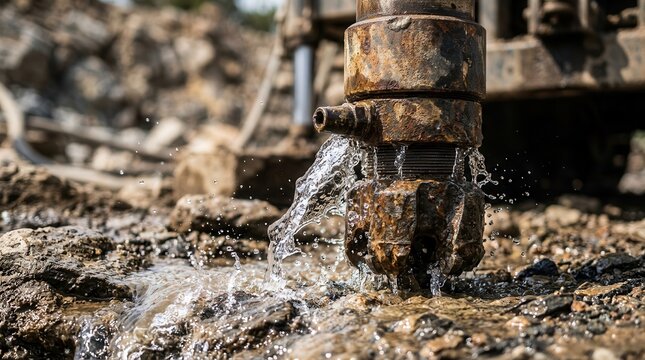 Clear artesian water spraying from a metal pump head and drill bit on wet rock.